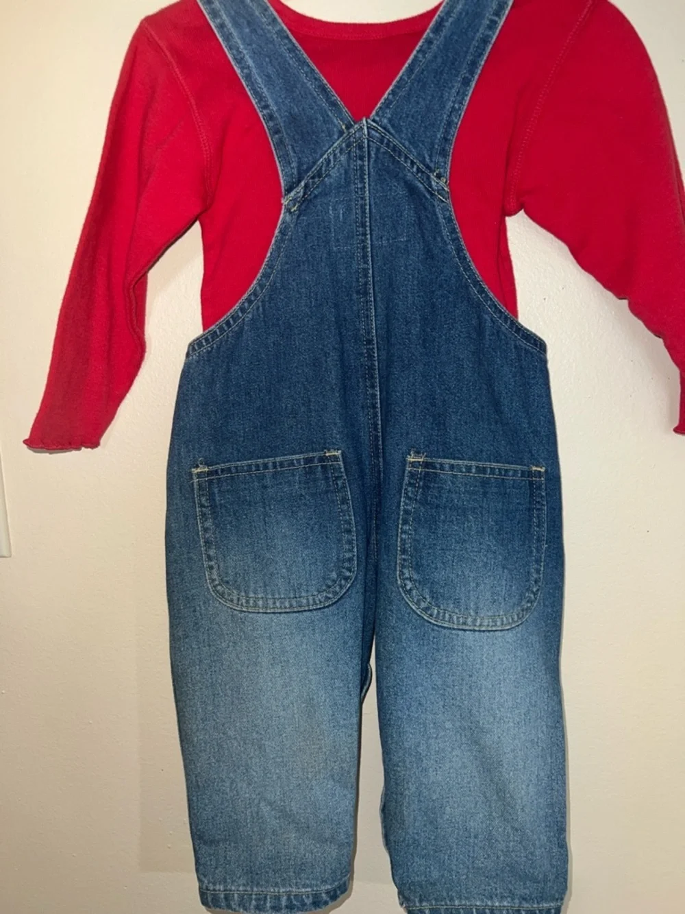 Vintage Kids  Denim Overalls with Red Floral Appliqués Old Store Stock​